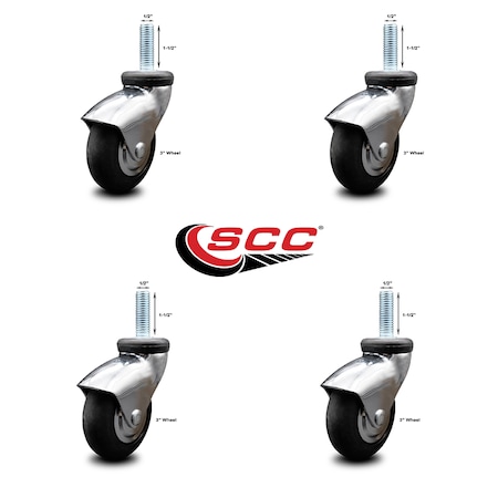 Service Caster 3 Inch Bright Chrome Hooded Neoprene Rubber 1/2 Inch Threaded Stem Casters, 4PK SCC-TS03S310-NPRB-BC-121315-4